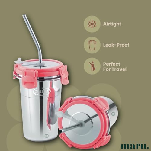 Image of MARU Stainless Steel Tumbler 400ml with Lid, Reusable Straw & Cleaning Brush - Durable, Leakproof & Portable Sippy Cup Ideal for Travel, Office & Home (Pink)
