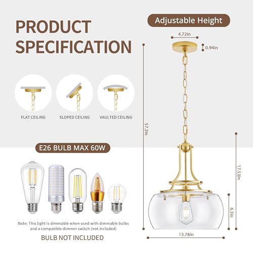 Image of KARTOOSH Gold Chandelier Kitchen Pendant Lighting Over Island | Rustic Farmhouse LED Ceiling Pendant Light with Clear Glass Shade Shade for Kitchen Island Dining Room Foyer Entryway