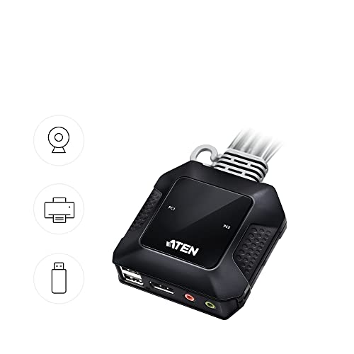 Image of ATEN CS52DP 2-Port KVM Switch USB C DisplayPort Switch 2 Computers 1 Monitor Switch DP Alt Mode Up to 4096 x 2160 60 Hz Remote Port Switcher Windows, Mac, Linux, Android, iOS