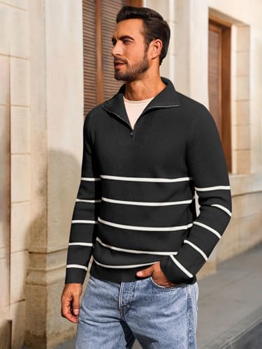 Runcati Mens Quarter Zip Pullover Mock Neck Striped Pullover Sweater Casual Fall Ligtweight Polo Sweaters3