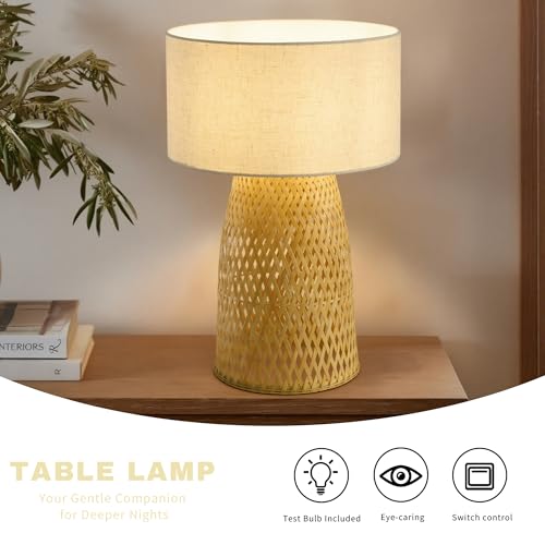 Image of Boho Bamboo Table Lamp, Handwoven Bedside Lamp with Linen Shade, Small Natural Weave Nightstand Light for Living Room, Tea Room, Desk,Beige