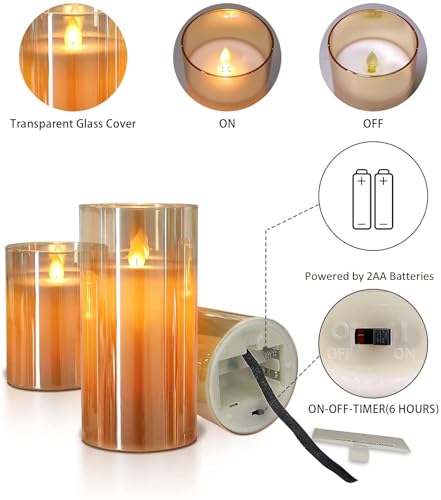 Image of LTETTES Set of 5 Premium LED Amber Glass Cup Pillar Candles with Real Wax with Moving Faux Wick | Battery Powered with Remote Controller | 3 inch H x4,5,6,7 inch,8 inch Dia | Ideal for Home Decor and Gifting