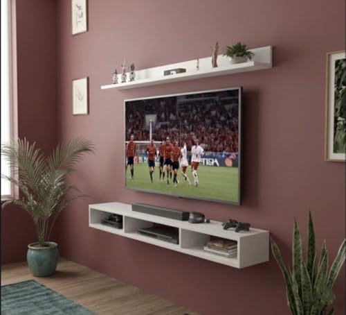 Image of Bros Moon Wall Mounted TV Cabinet, Frosty White, Laminated Finish, for Living Room, Suits TV up to 40 Inches (Frosty White, Parallel Roof Top 32 Inches)