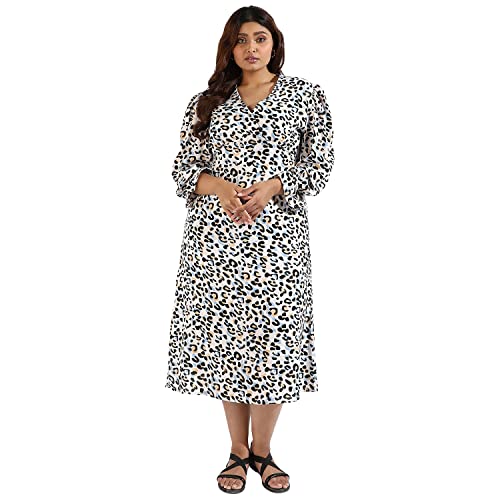 Image of Instafab Plus Women's Multicolour Printed Midi Length Short Sleeve Regular Fit Wrap Dress for Casual Wear | Modern Clothing Dress Crafted with Comfort Fit for Everyday Wear, 3XL