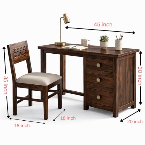 Image of Solid Sheesham Wood Study Table with 3 Drawers & Chair Set - Dark Walnut Finish Writing Desk for Home Office, Bedroom & Study Room, Durable Wooden Computer Desk with Storage