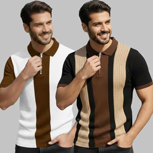 Image of AUSK Men's Retro Cable-Knit Quarter-Zip Polo | Premium Textured Self-Design Half Sleeve T-Shirt for Men
