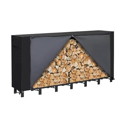 Werphwoods 8ft Outdoor Firwood Rack, Adjustable Firewood Storage Rack, Heavy Duty Firewood Rack Outdoor with Cover, Fireplace Wood Pile Storage Stacker Organizer, Black