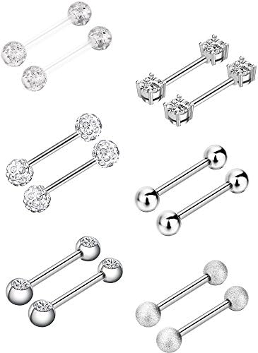 6 Pairs Nipple Bars Surgical Stainless Steel Piercing Titanium Barbell Ring Tongue Ring Cubic Zirconia Nipple Rings Body Piercing Jewelry, 14 Gauge