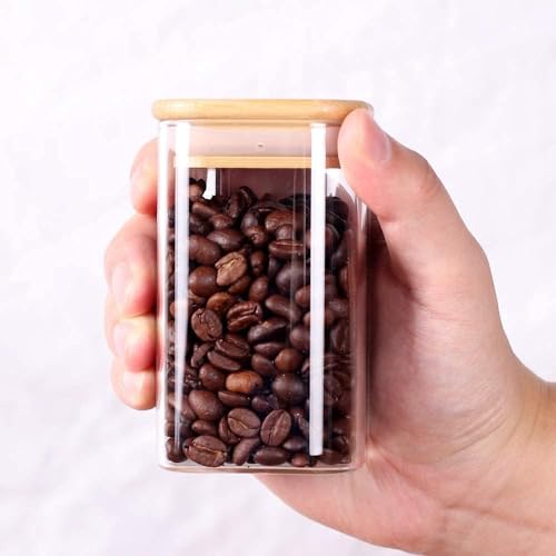 Image of MARTVIA Glass Food Storage Jars With Bamboo Lids 350Ml Set of 6,Wide Mouth Lid Jar For Home Kitchen,Flour,Sugar,Coffee,Pasta,Oats,Grains,Cookies,Snacks (Sqaure,SET OF 6),Transparent