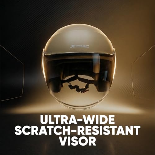 Image of Xtrac Ace ISI Certified Open Face Helmet for Men & Women | Half Face Bike Helmet with Scratch-Resistant Clear Visor | Lightweight ABS Shell | Quick Release Buckle | Desert Storm - M