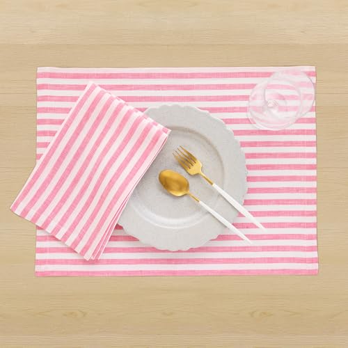 Image of Solino Home 100% Linen Napkins, 20 x 20 in, Pink and White Stripe, Set of 4