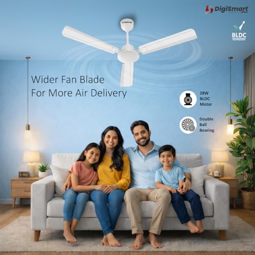 Image of DIGISMART Storm BLDC 1200 MM Ceiling Fan with Remote, 28W Energy Efficient, 225 CMM Air Delivery, 65% Power Saving, Low Noise, Reverse Mode, Smart Memory, 3 Blade Ceiling Fan 5 Year Warranty (White)