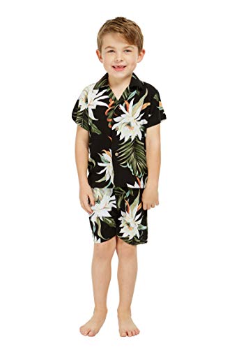 Matching Mother Son Hawaiian Luau Outfit Poncho Dress Shirt in Wispy Cereus Black3