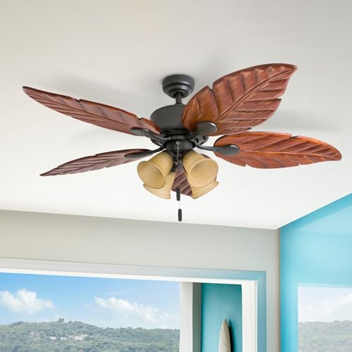 Honeywell Ceiling Fans Royal Palm, 52 Inch Tropical LED Ceiling Fan with Light, Pull Chain, Three Mounting Options, Hand Carved Solid Wood Blades - Model 50503-01 (Bronze) - Image 3