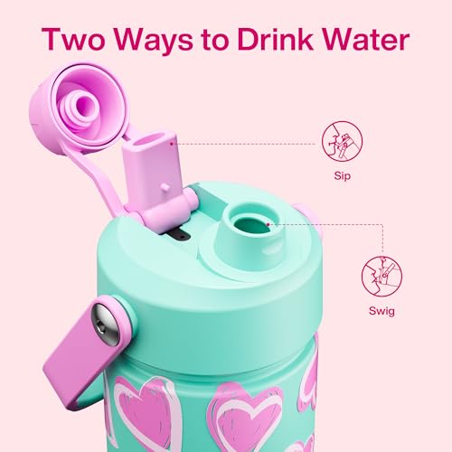Image of ENCOOL Insulated Water Bottle with Straw Stainless Steel Water Bottle, Leak-Proof, BPA-Free, Keeps Cold for 24 Hours for Sports, Travel, School (26 oz, Sketch Hearts Violet x Mint)
