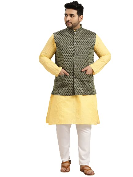 Image of SOJANYA (Since 1958) Men's Silk Blend Dark Green Kurta & Silk Blend Nehrujacket With Off White Churidar Pyjama Set
