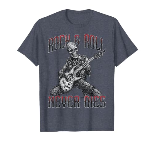 Rock and Roll Never Dies Skeleton Vintage Rock Music T-Shirt, Men, Heather Blue, XX-Large