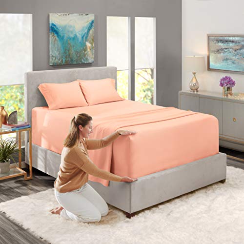 Image of Nestl Twin Bed Sheet Set - Peach - 3-Piece Extra Deep Pocket | Instantly Soft, Night-One Ready (No Wash Required). Fits Extra Deep Pockets up to 24 Inches, 360-Degree Elastic Grip
