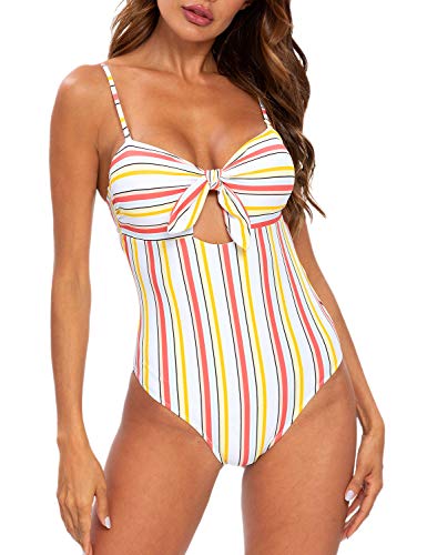 Blooming Jelly Women's One Piece Swimsuit Bandeau Tie Knot Striped High Rise Bathing Suit(Multicolor,M)