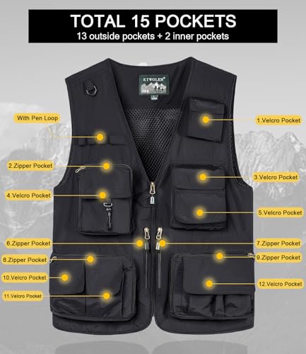 KTWOLEN Herren Anglerweste Sommer Leicht Schnelltrockenweste Funktionsweste Outdoor Fotografie Hundesport Weste Ärmellos Safari Weste mit Viele Taschen, Schwarz, L