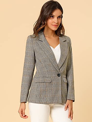 Allegra K Women's Boyfriend Notched Lapel One Button Houndstooth Blazer Jacket Large Light Coffee #TOP2