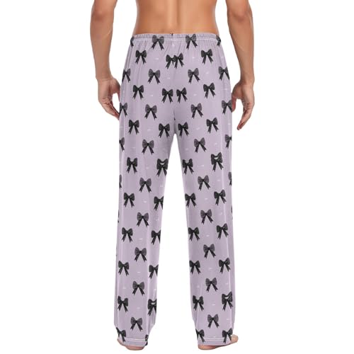 Men’s Black Bows Pajama Pants with Pockets, Comfortable Lounge Sleep Bottoms#5712