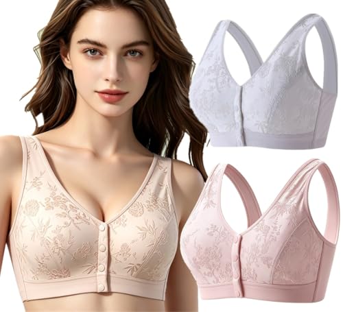 Image of 4 Pack Women Cotton Front Button Bra Snap Comfort Sleep Bra, Easy Close Bras Wireless, Seamless T-Shirt Bra