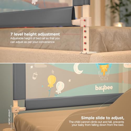 Image of BAYBEE Bed Rail Safety Guard for Kids | Bed Railing for Baby Safety Fence with 7 Level Height Adjustable & Portable Bed Side Protector from Baby Falling Guard (6Ft, 1 Side, Grey)