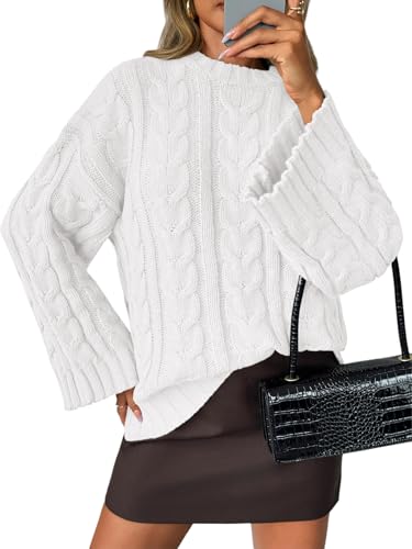 Saodimallsu Womens Oversized Sweaters Cable Knit Bell Batwing Sleeve Crew Neck Fall Winter Chunky Pullover Tops
