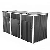 Veemuaro Outdoor Metal Trash Can Storage Shed for 3 Garbage Bins, Galvanized Steel Triple Bin Enclosure with Lockable Doors & Hydraulic Lid, Garden Yard Storage Cabinet for Recycling, Dark Gray
