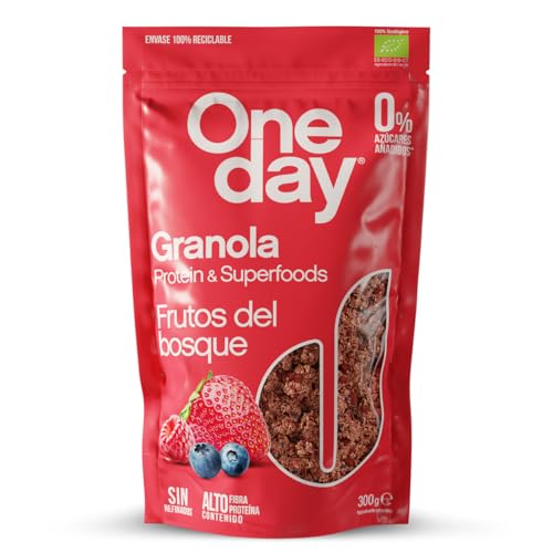 ONE DAY Granola Ecologica, Sin Azucares Añadidos, Alto en Proteína con Superfoods, Alto en Fibra, 300g (Frutos del Bosque, 1 unidad)