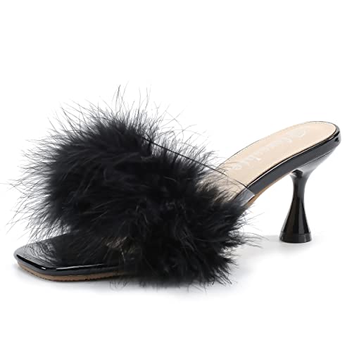 fereshte Women's Feather Heels Sandals Fluffy Fur Clear Strap Slip On Square Toe Kitten Mules