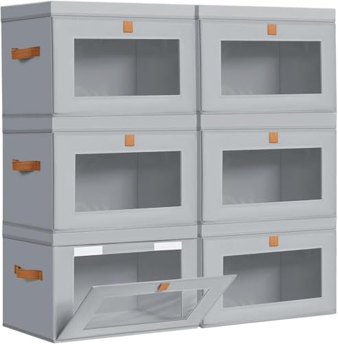 Image of DIMJ Storage Bins with Lids - 6 Pack Fabric Closet Organizer with Window & Handles, Collapsible Decorative Storage Boxes for Shelves Under Bed, Books Clothes Blankets Sweaters Organization
