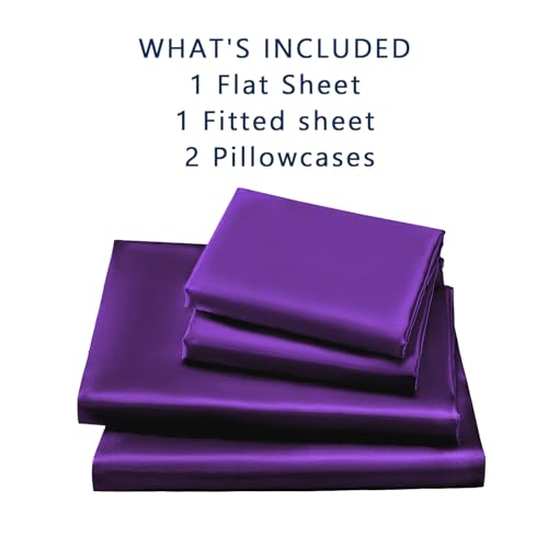 Parure de lit satin violet foncé 4 pièces drap housse matelas épais drap plat