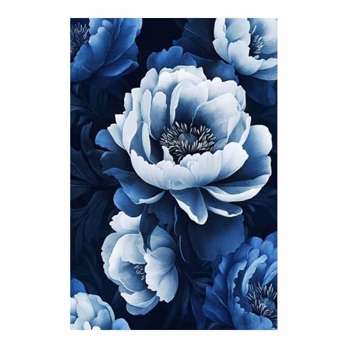 Poster floral pivoine bleu et blanc TERUEA 70x100cm pour décoration murale de chambre