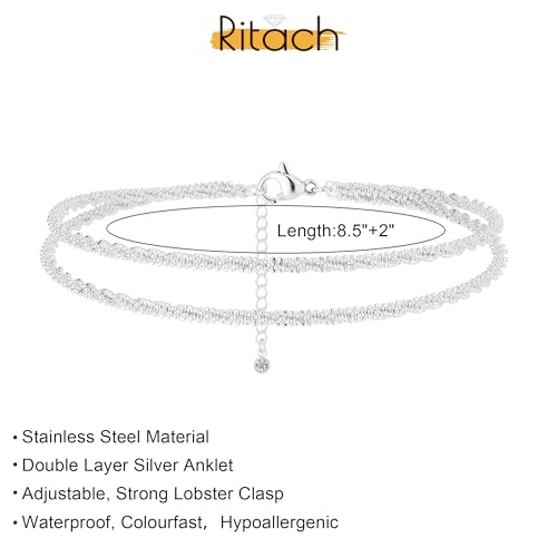 Image of Ritach Ankle Bracelets for Women - Silver /Gold Plated Stainless Steel Anklets for Women Waterproof Layered Cuban Link Figaro Chain Heart Anklets Set Summer Beach Jewelry Gifts