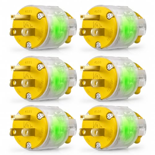 6 Packs Lighted Extension Cord Ends Replacement Plug 15A 125V NEMA 5-15P, Electrical Plugs 3 Prong,Lighted Plug Male Extension Cord Ends, 15 Amp Plug, UL Listed,Yellow