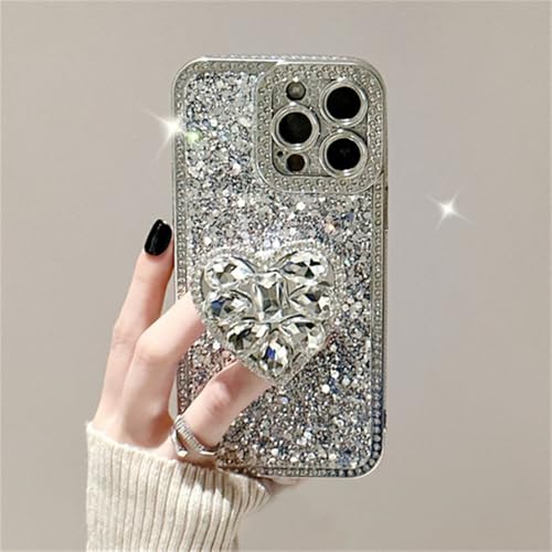 Coque iPhone 14 antichoc à strass argent anti-chute avec anneau cœur de maintien mains libres