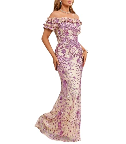 Image of dasmzper Women Sexy Sequin Off Shoulder Ruffle Short Sleeve Bodycon Mermaid Party Formal Evening Maxi Dress