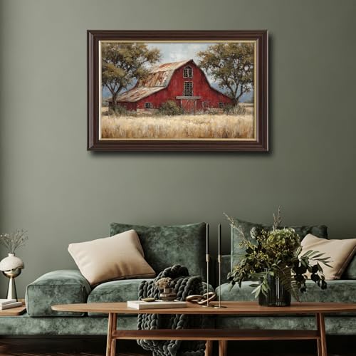 Image of Antique Framed Red Barn Canvas Wall Art, Weathered Farmhouse Oil Painting Canvas Prints, Vintage Farm Wall Decor Pictures for Living Room Bedroom Bathroom