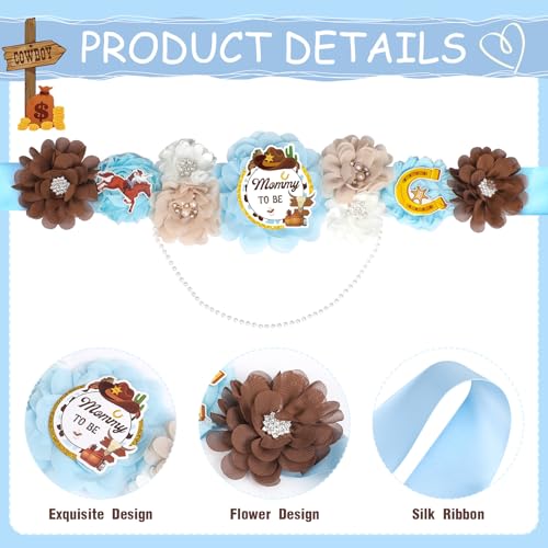 Image of Western Baby Shower Decorations - 3 Pcs A Cowboy Little is on The Way Mom and Dad to Be Sash Badge Pins Sets for Boys Blue Gender Reveal Party Supplies Brown Maternity Corsage Belt Decors