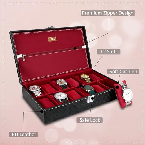 LEDO Men's and Women's Watch Box Holder Organizer Case In 12 Slots of watches In PU Leather Royal Black & Cherry color with Chain Pocket - Image 4