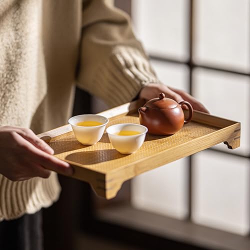 JIKANNOYA トレー お盆 竹製 滑らないトレー 天然竹 多目的トレイ 小物入れ 北欧 トレイ カフェトレー コースター 茶托 ティートレー 前菜プレート ランチョン お膳 お茶 食事用 卓上用トレイ 定食用 多機能 便利 家庭用 業務用 長方形 3