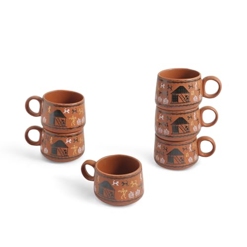 Image of ExclusiveLane 'Warli Village Tales' Ceramic Tea Cups Set of 6 for Tea Cups Ceramic (150 ml, Microwave Safe, Dishwasher Safe)| Coffee Cup Set Ceramic Cups Set of 6 Tea Cup Ceramic Drinkware