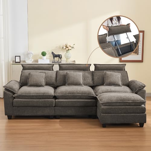Image of 103'' Cloud Modern 3 Seater Couch with Detachable Headrest, Modular Sectional Sofa with Ottomant, Oversized L Shape Chenille Comfy Sofa with Armrests for Living Room, Brown