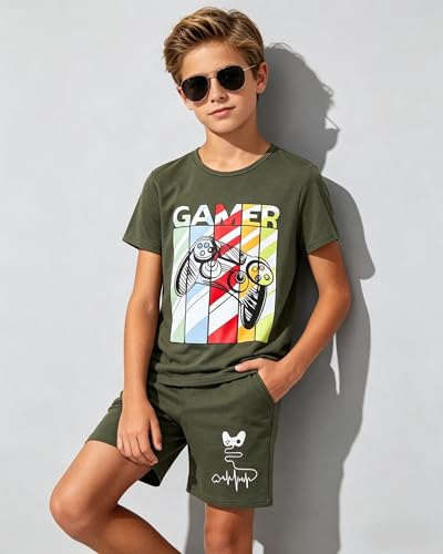 Image of Cakaner Tween Boys Summer Clothes 2 Piece Short Sleeve Graphic T-Shirt and Shorts Casual Outfit Set Size 7-14