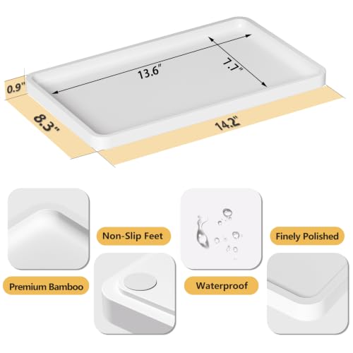 Image of Weenson Bathroom Vanity Tray for Countertop Decor Perfume Makeup Toiletries Toilet Tank, Large Bamboo Kitchen Tray for Spice Salt, Serving Tray for Food Coffee, Nightstand Candle White 14.2 inchx8.3 inch