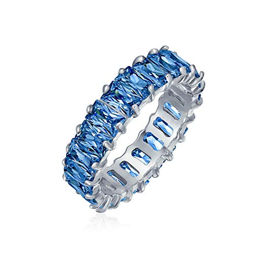 Bling Jewelry Art Deco Style AAA CZ Emerald Cut Blue Simulated Sapphire Cubic Zirconia Eternity Baguette Anniversary Wedding Band Ring For Women .925 Sterling Silver 4MM -  MDR-159R-072SP-7