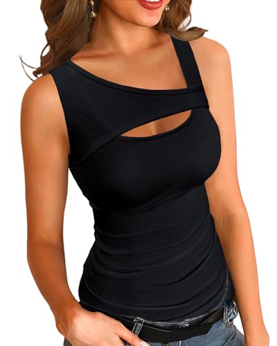 Necooer Womens Casual Tank Tops Sleeveless Ribbed Cutout Square Neck Slim Sexy Fashion Summer Cami Tops