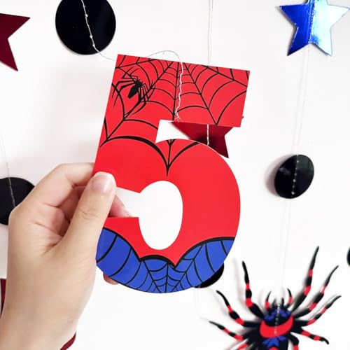 Image of 42Ft Spider 5th Birthday Party Decorations Red Blue Stars and Black Spider Web Garland Streamer for Boys 5th Cartoon Spiders Birthday Super Heros Cartoon Bday Party Decor Supplies